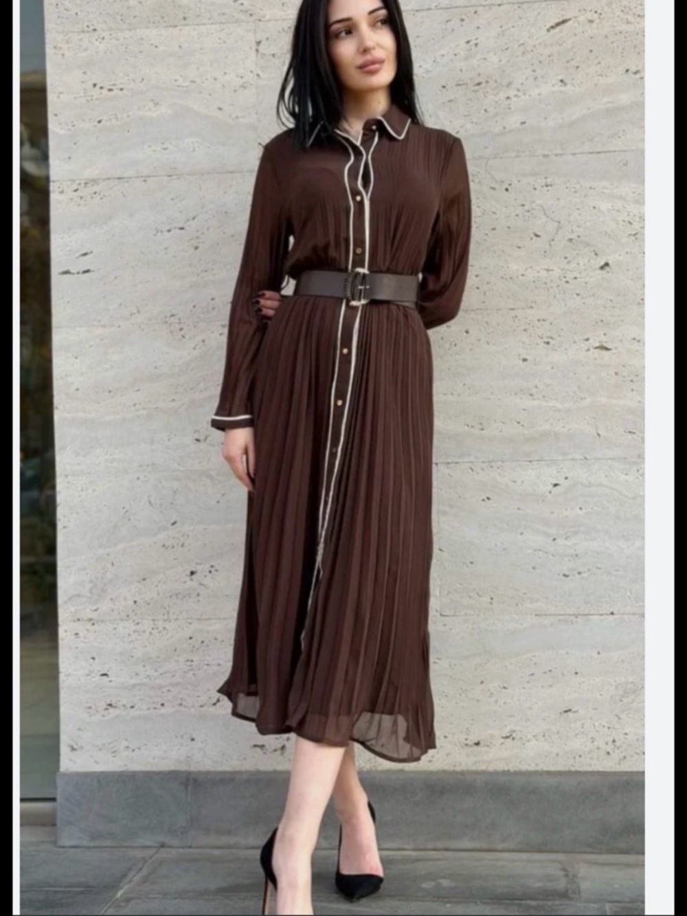 Zara Brown Pleated Button-Front Midi Dress